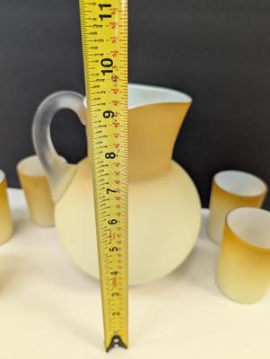 Rare Antique Satin Milk Glass Pitcher & Glasses