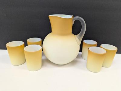 Sale Photo Thumbnail #1159: Rare Antique Satin Milk Glass Pitcher & Glasses