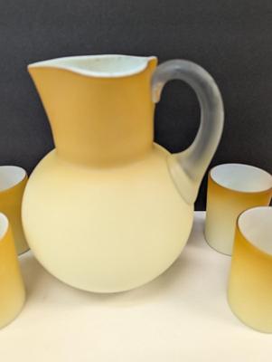 Rare Antique Satin Milk Glass Pitcher & Glasses