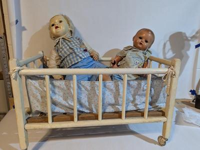 Vintage Solid Wood 1950's Doll Crib & Vintage Dolls