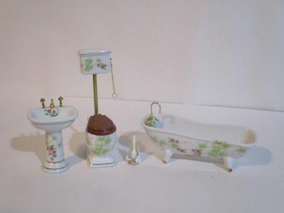 4 New Sets Of Vintage Miniature Porcelain Dollhouse 4 Piece Bathroom Set