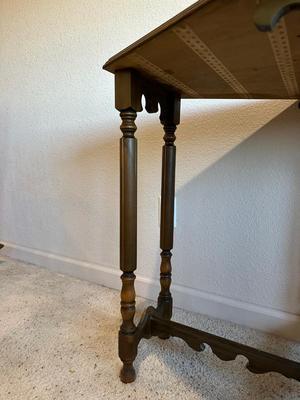 ANTIQUE SIDE TABLE, OIL LAMP AND UPHOLSTERED OTTOMAN