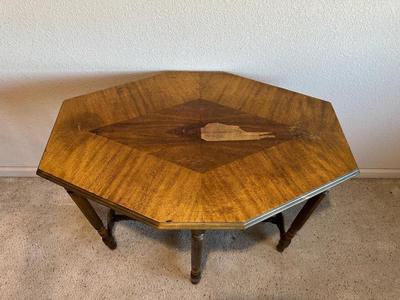 ANTIQUE SIDE TABLE, OIL LAMP AND UPHOLSTERED OTTOMAN