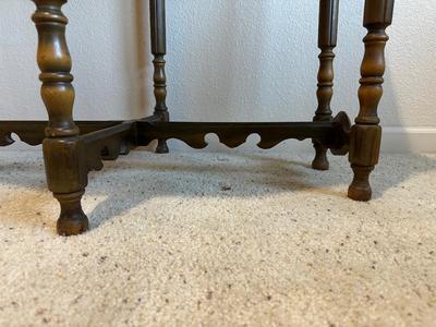 ANTIQUE SIDE TABLE, OIL LAMP AND UPHOLSTERED OTTOMAN