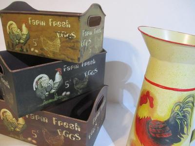 New Rooster Tin Pitcher & Rooster Metal Nesting Boxes & Basket