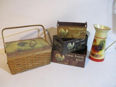 New Rooster Tin Pitcher & Rooster Metal Nesting Boxes & Basket