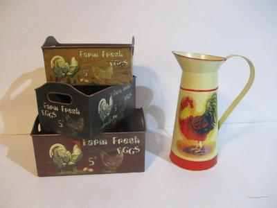 New Rooster Tin Pitcher & Rooster Metal Nesting Boxes & Basket