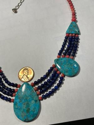 DTR/Jay King New Never Worn Turquoise/Lapis/Coral Bead 18-20" Adjustable Necklace w/Sterling Silver Clasp & Chain as Pictured....