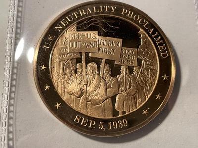 1939 U.S. NEUTRALITY PROCLAIMED FRANKLIN MINT PROOF BRONZE MEDAL (MEDAL #45). FREE DOMESTIC SHIPPING.