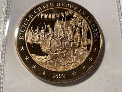 1892 BICYCLE CRAZE GROWS IN AMERICA FRANKLIN MINT PROOF BRONZE MEDAL (MEDAL #39). FREE DOMESTIC SHIPPING.