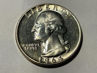 1964-D BRILLIANT UNCIRCULATED CONDITION WASHINGTON SILVER QUARTER AS PICTURED. FREE DOMESTIC SHIPPING.
