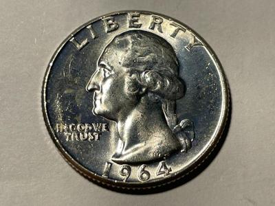 1964-P BRILLIANT UNCIRCULATED CONDITION WASHINGTON SILVER QUARTER AS PICTURED. FREE DOMESTIC SHIPPING.