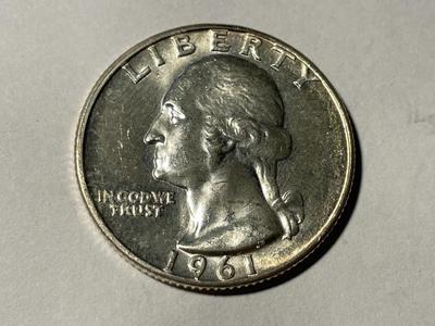 1961-P BRILLIANT UNCIRCULATED CONDITION WASHINGTON SILVER QUARTER AS PICTURED. FREE DOMESTIC SHIPPING.