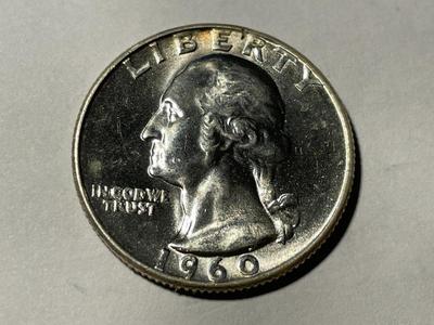 1960-P UNCIRCULATED CONDITION WASHINGTON SILVER QUARTER AS PICTURED. FREE DOMESTIC SHIPPING.