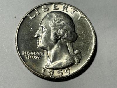 1959-D BRILLIANT UNCIRCULATED CONDITION WASHINGTON SILVER QUARTER AS PICTURED. FREE DOMESTIC SHIPPING.