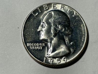 1959-P BRILLIANT UNCIRCULATED CONDITION WASHINGTON SILVER QUARTER AS PICTURED. FREE DOMESTIC SHIPPING.