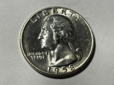 1958-D BRILLIANT UNCIRCULATED CONDITION WASHINGTON SILVER QUARTER AS PICTURED. FREE DOMESTIC SHIPPING.