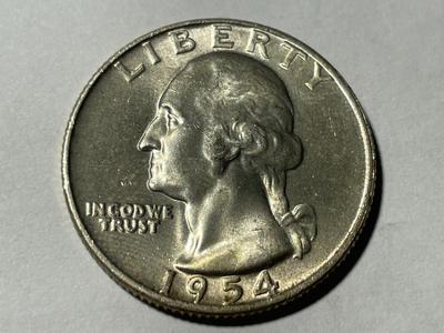 1954-D UNCIRCULATED CONDITION WASHINGTON SILVER QUARTER AS PICTURED. FREE DOMESTIC SHIPPING.