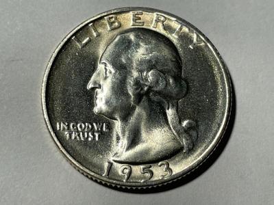 1953-S GEM BRILLIANT UNCIRCULATED CONDITION WASHINGTON SILVER QUARTER AS PICTURED. FREE DOMESTIC SHIPPING.
