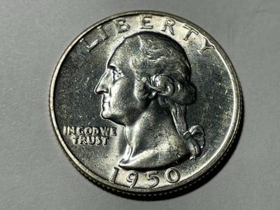 1950-P UNCIRCULATED CONDITION WASHINGTON SILVER QUARTER AS PICTURED. FREE DOMESTIC SHIPPING.