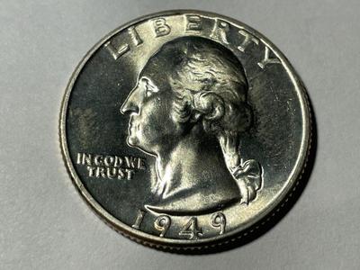 1949-P BRILLIANT UNCIRCULATED CONDITION WASHINGTON SILVER QUARTER AS PICTURED. FREE DOMESTIC SHIPPING.