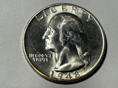 1948-S CHOICE BRILLIANT UNCIRCULATED CONDITION WASHINGTON SILVER QUARTER AS PICTURED. FREE DOMESTIC SHIPPING.