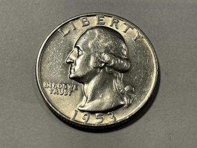 1953-D AU CONDITION WASHINGTON SILVER QUARTER AS PICTURED. FREE DOMESTIC SHIPPING.