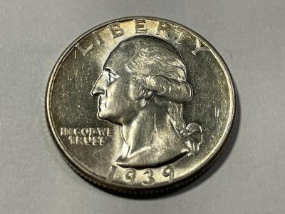 1939-P AU 58 CONDITION WASHINGTON SILVER QUARTER AS PICTURED. FREE DOMESTIC SHIPPING.