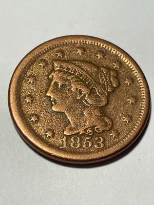 1853 HEAVILY CIRCULATED CONDITION U.S. LARGE CENT AS PICTURED. FREE DOMESTIC SHIPPING.