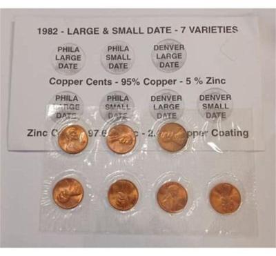 (6) SEALED Mint Envelopes 1982 Lincoln Cent Variety Sets, 7 Coins, BU, Zinc/Copper Large & Small Dates, P&D as Pictured. FREE...