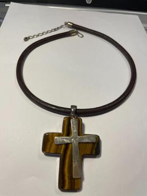 Jay King DTR 925 Sterling Silver Tiger's Eye Huge Cross Pendant, 2.75" Tall on a Leather Cord 16-18" Adjustable in VG...