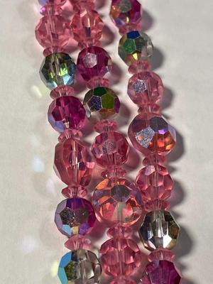 Vintage Triple Strand Pink Crystal Bead Necklace 20-21" Long in VG Preowned Condition as Pic'd.