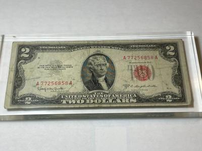 Vintage Sealed 1953-C $2 Red Seal United States Note in a Lucite Acrylic Novelty Paperweight as Pictured.