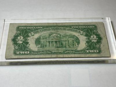 Vintage Sealed 1953-C $2 Red Seal United States Note in a Lucite Acrylic Novelty Paperweight as Pictured.