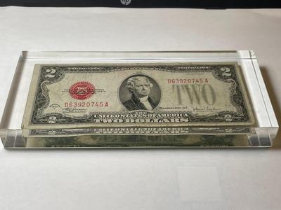 Vintage Sealed 1928-F $2 Red Seal United States Note in a Lucite Acrylic Novelty Paperweight as Pictured.