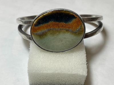 Vintage Southwest Sterling Silver Heavy Gauge Cuff Bracelet 43.8 Grams w/Bezel Set Lava Stone as Pictured.