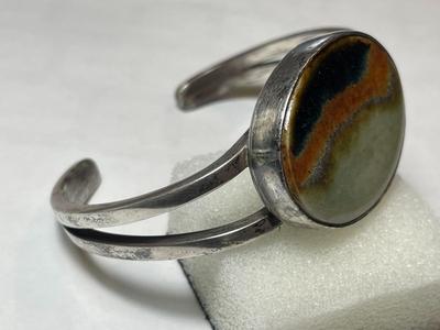 Vintage Southwest Sterling Silver Heavy Gauge Cuff Bracelet 43.8 Grams w/Bezel Set Lava Stone as Pictured.