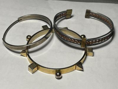 Lot of 3-Vintage Brass/Copper/White Metal Cuff & Bangle Bracelets in Good Preowned Condition as Pictured.