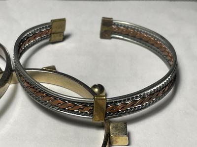 Lot of 3-Vintage Brass/Copper/White Metal Cuff & Bangle Bracelets in Good Preowned Condition as Pictured.