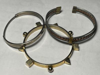 Lot of 3-Vintage Brass/Copper/White Metal Cuff & Bangle Bracelets in Good Preowned Condition as Pictured.