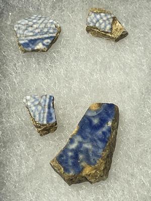 Lot of 4 Ancient Porcelain or Stoneware Shards/Fragments of Plates/Dinnerware Etc Found in an Estate Cleanout as Pic'd.
