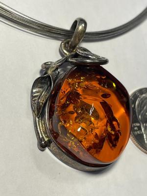 New Never Worn Large Baltic Amber Bezel Set in Sterling Silver on a Sterling Cable 18" Necklace as Pictured.