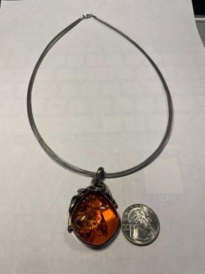 New Never Worn Large Baltic Amber Bezel Set in Sterling Silver on a Sterling Cable 18" Necklace as Pictured.