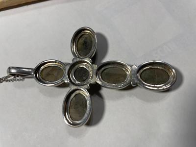 New Never Worn "NT" Sterling Silver 3" Cross w/Greenish Color Stones & SS Chain as Pictured.