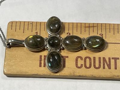 New Never Worn "NT" Sterling Silver 3" Cross w/Greenish Color Stones & SS Chain as Pictured.