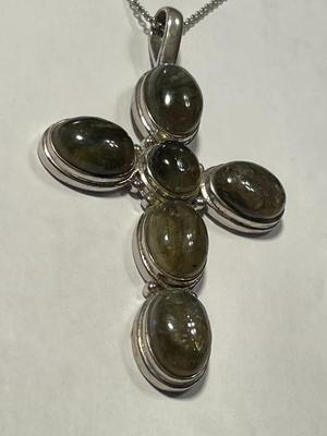 New Never Worn "NT" Sterling Silver 3" Cross w/Greenish Color Stones & SS Chain as Pictured.