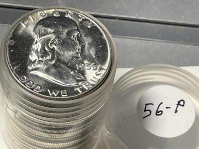 CHOICE BU ROLL OF (20) 1956 BRILLIANT UNCIRCULATED FRANKLIN SILVER HALF DOLLARS ORIGINAL! FREE DOMESTIC SHIPPING.