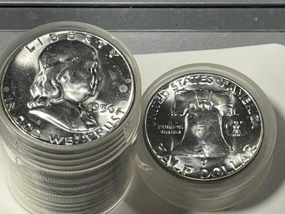CHOICE BU ROLL OF (20) 1956 BRILLIANT UNCIRCULATED FRANKLIN SILVER HALF DOLLARS ORIGINAL! FREE DOMESTIC SHIPPING.