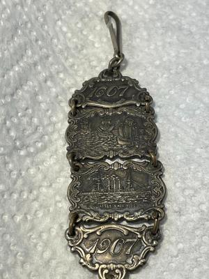 ANTIQUE 1607/1907 JAMESTOWN TER-CENTENNIAL EXPOSITION SILVER WATCH FOB IN GOOD PREOWNED CONDITION. FREE DOMESTIC SHIPPING.