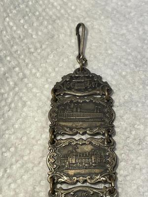 ANTIQUE 1607/1907 JAMESTOWN TER-CENTENNIAL EXPOSITION SILVER WATCH FOB IN GOOD PREOWNED CONDITION. FREE DOMESTIC SHIPPING.